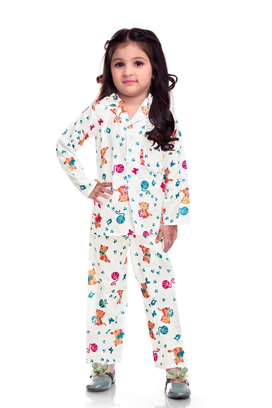 Unisex Printed Pajama Set for Boys and Girls | Night Wear | Top & Pyjama Set Full Sleeve with Pockets for Kids with Buttons (Pure Rayon)